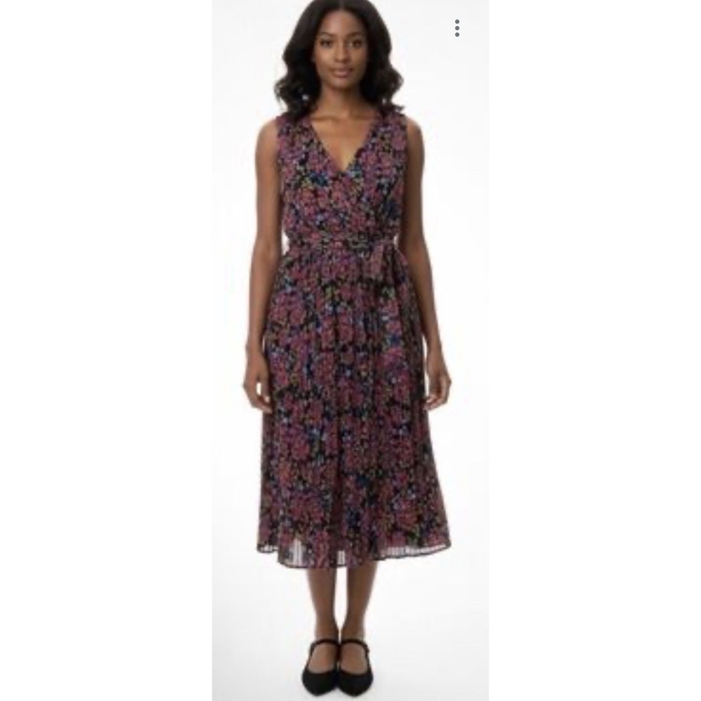 Modcloth‎ Pink Blue Floral Dress Size XL Pleated Belted Metallic Thread